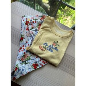 Vinyl Threads La Dolce Vita Set Yellow Pointelle Top Fruit‎ Print Shorts XS Euro